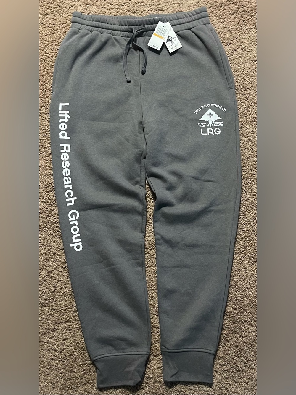 LRG Charcoal Gray Sweatpants with White Logo and Side Text